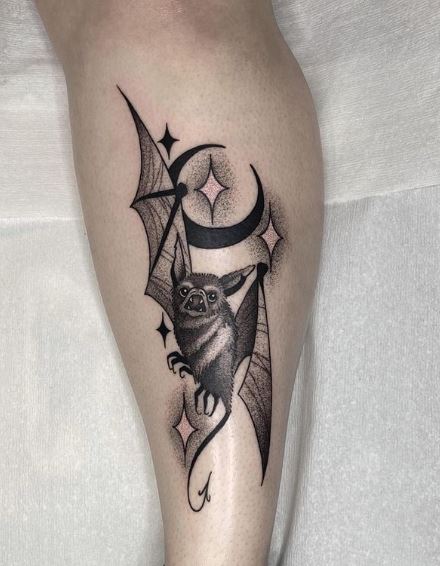 Black Moon with Stars and Bat Tattoo