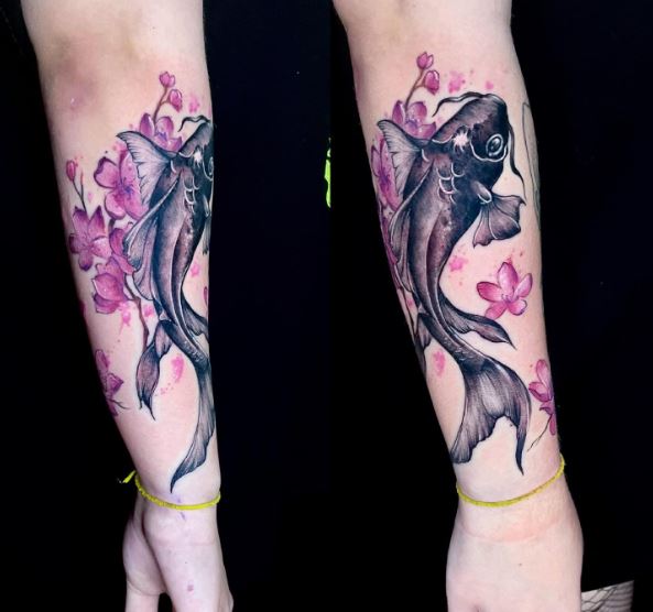 Cherry Blossoms and Black Koi Fish Forearm Tattoo