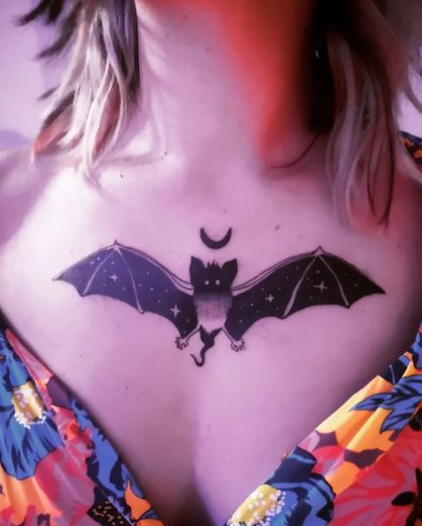 Night Sky and Bat Chest Tattoo