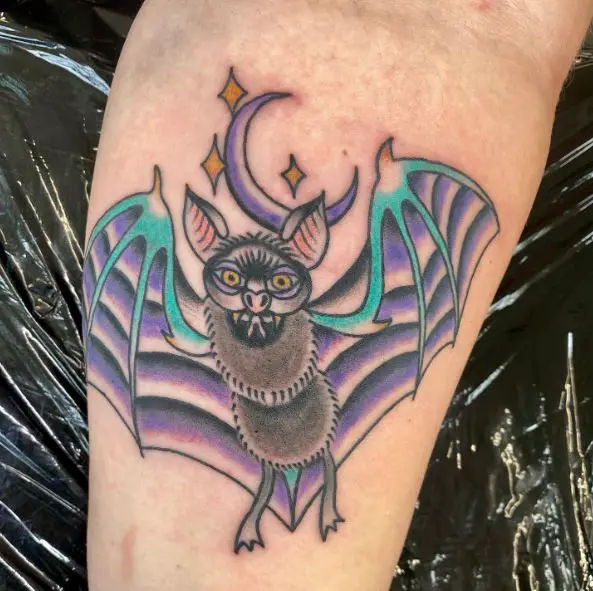 Colored Bat with Night Sky Tattoo