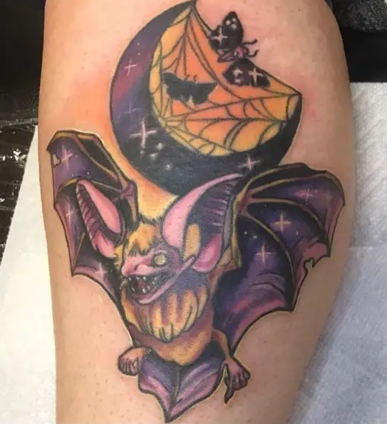 Moon with Spider Web and Bat Tattoo