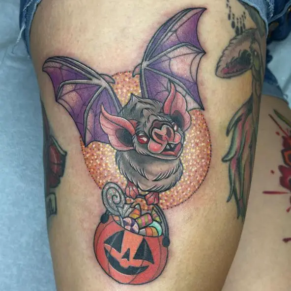 Pumpkin with Candies and Bat Tattoo