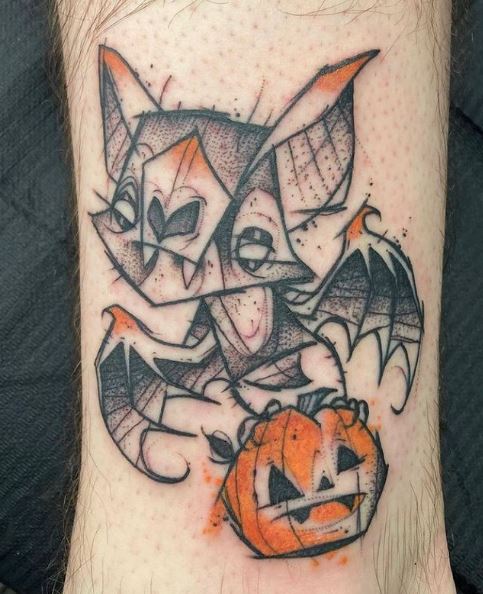 Sketched Bat with Pumpkin Tattoo
