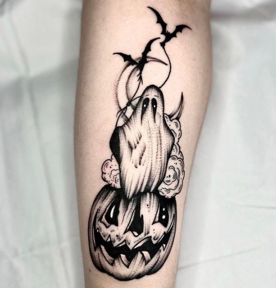 Pumpkin with Ghost and Flying Bats Tattoo