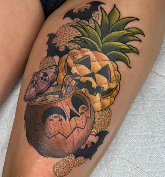 Pineapple with Coconut and Bats Knee Tattoo