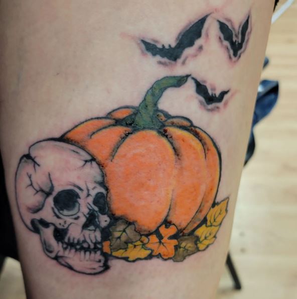 Skull with Pumpkin and Bats Tattoo