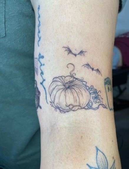 Linework Pumpkin and Bats Arm Tattoo