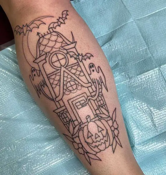 Castle with Ghosts and Bats Tattoo