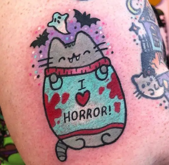 Pusheen with Ghost and Bats Tattoo