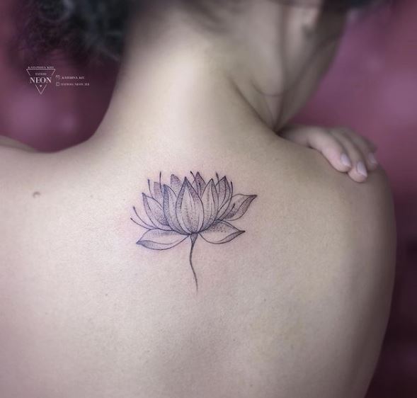 Violet Traditional Water Lily Back Tattoo