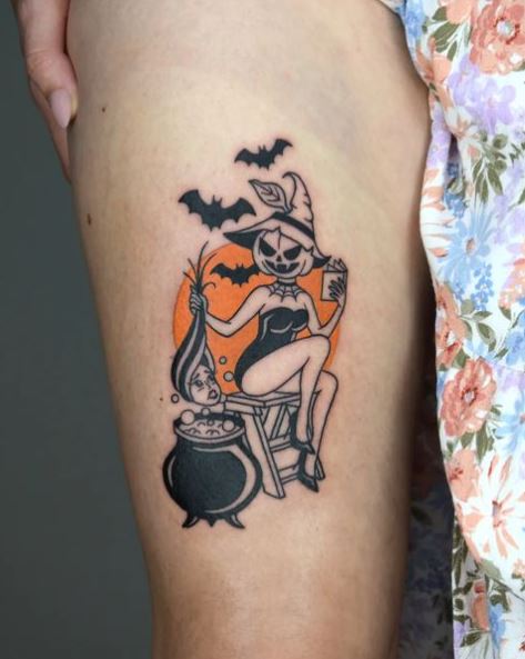 Witch and Bats Thigh Tattoo
