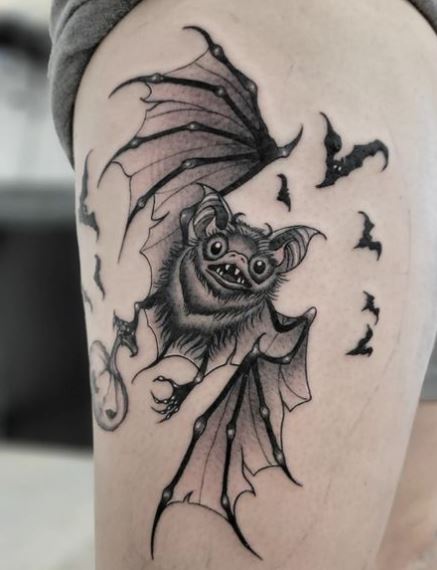 Vampire Bat with Pumpkin Leg Tattoo