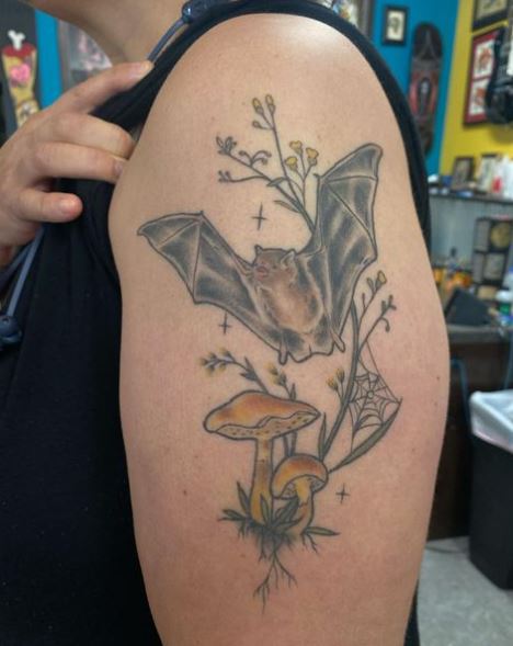 Mushrooms and Brown Bat Arm Tattoo