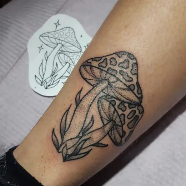 Black & Grey Mushrooms Leg Tattoo