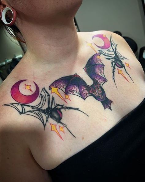 Moon with Spiders and Bat Chest Tattoo