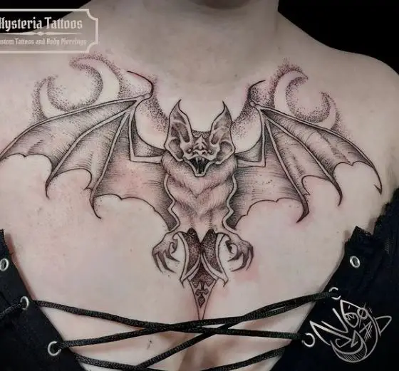 Grey Shaded Bat Chest Tattoo