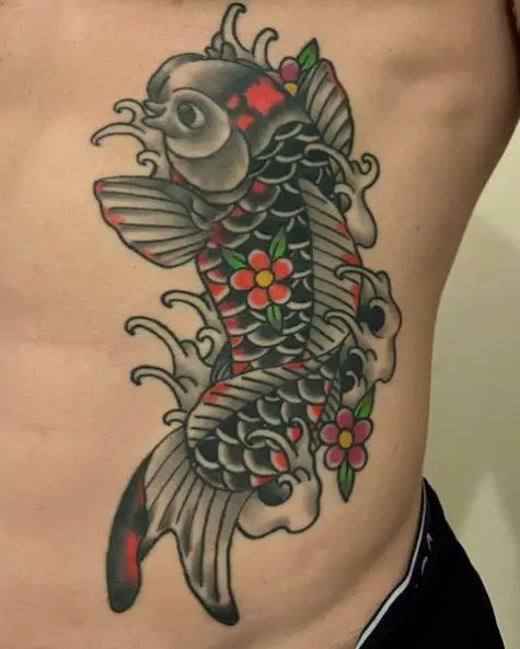 Flowers and Black Koi Fish Tattoo