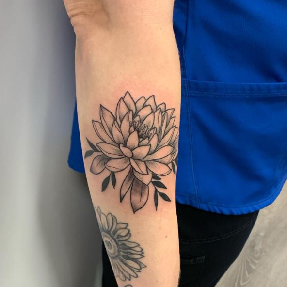 Grey Shaded Traditional Water Lily Arm Tattoo