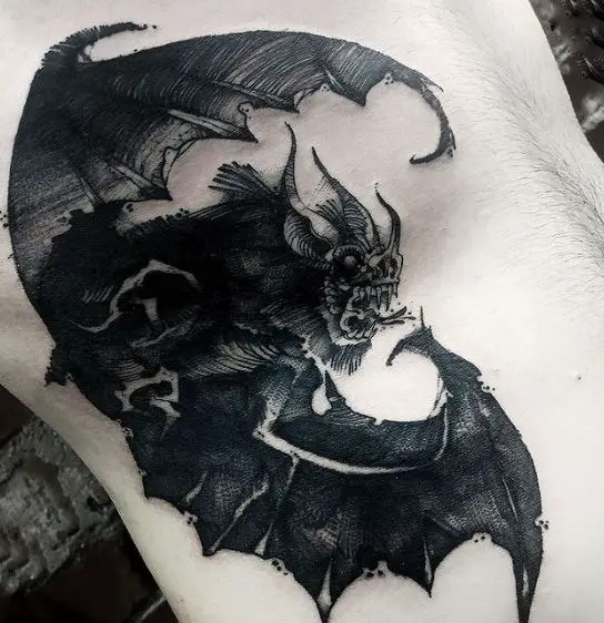 Black Bat with Open Mouth Ribs Tattoo