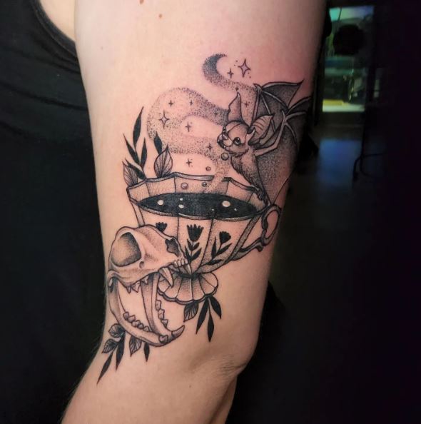 Tea Cup with Cat Skull and Bat Arm Tattoo