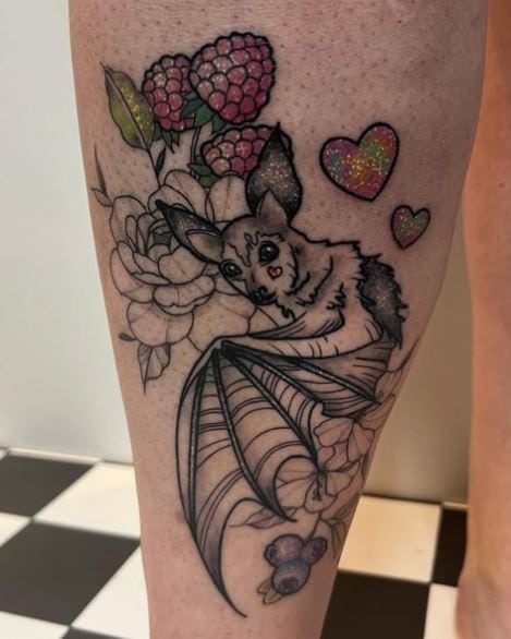 Fruits and Hearts with Bat Leg Tattoo