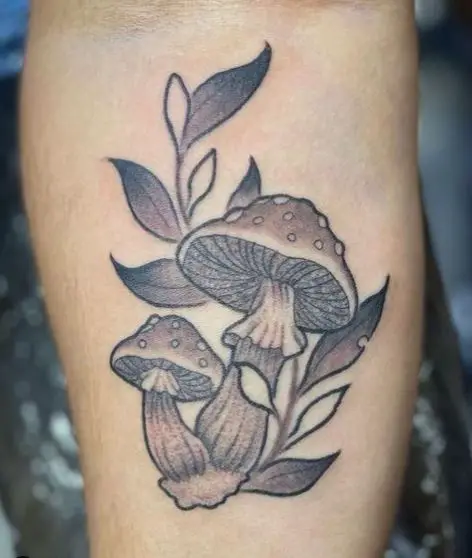Two Mushrooms with Leaves Tattoo