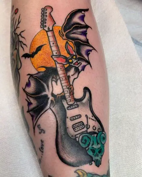 Guitar and Flying Bats Tattoo