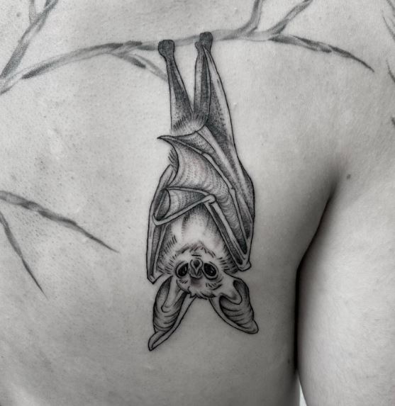 Grey Hanging Bat Back Tattoo