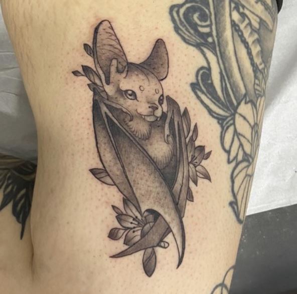Grey Flowers and Bat Tattoo