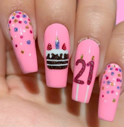 21st Birthday Nails With Pink and Sparkles