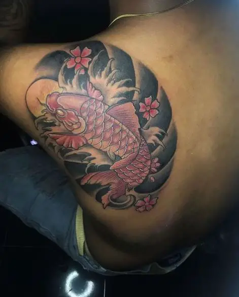Flowers and Red Koi Fish Shoulder Tattoo