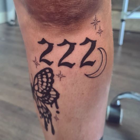 Butterfly, Moon, and 222 Tattoo Below Knee