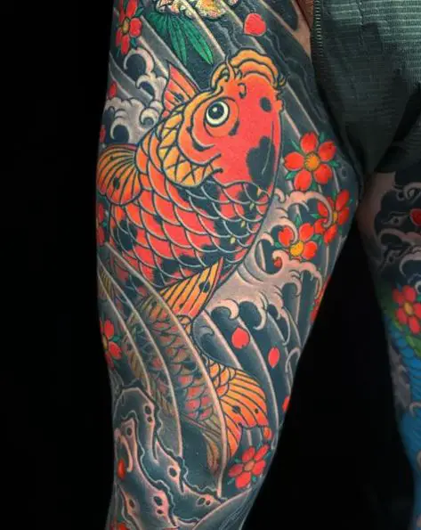 Flowers and Red Koi Fish Sleeve Tattoo