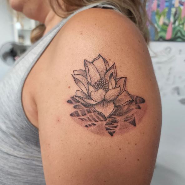 Shaded Traditional Water Lily Shoulder Tattoo