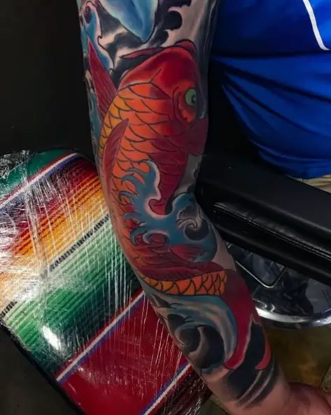 Red Koi Fish Full Sleeve Arm Tattoo