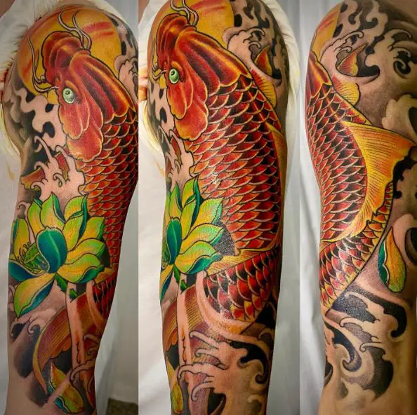 Flower and Red Koi Fish Arm Tattoo