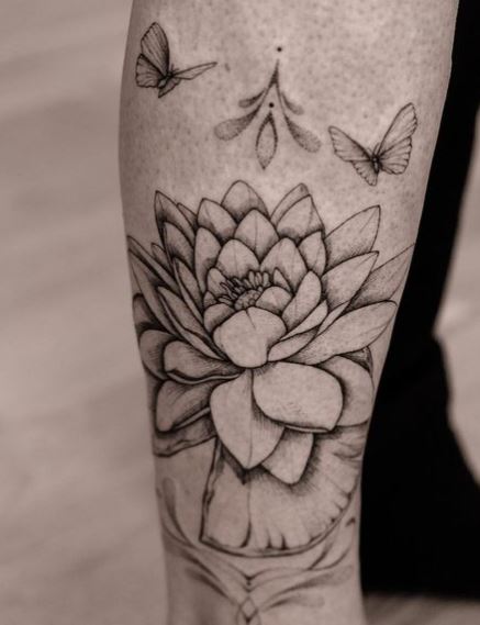 Butterflies and Traditional Water Lily Tattoo