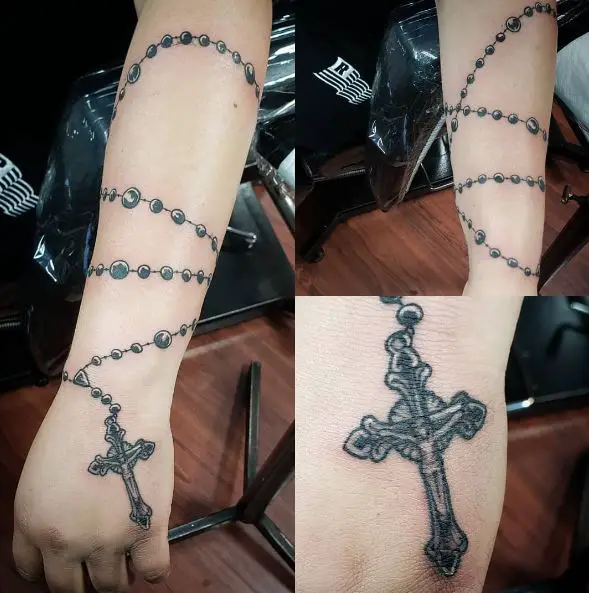 Black Rosary Tattoo on Full Arm