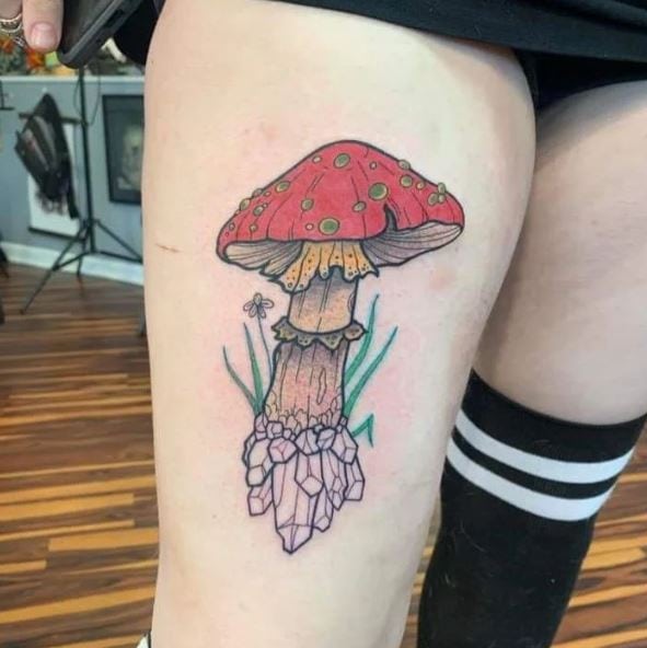 Colorful Mushroom on Leg Tattoo