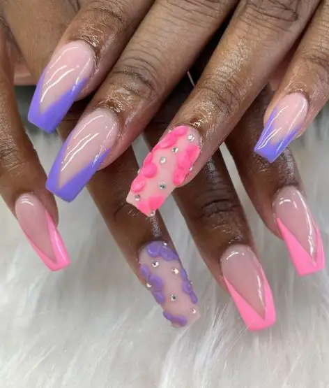 3d Flowers on Pink and Purple Nails