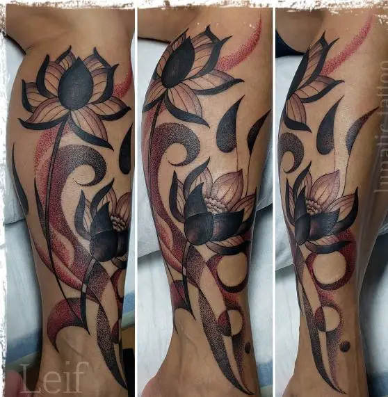 Freehand Stylized Water Lily Leg Tattoo