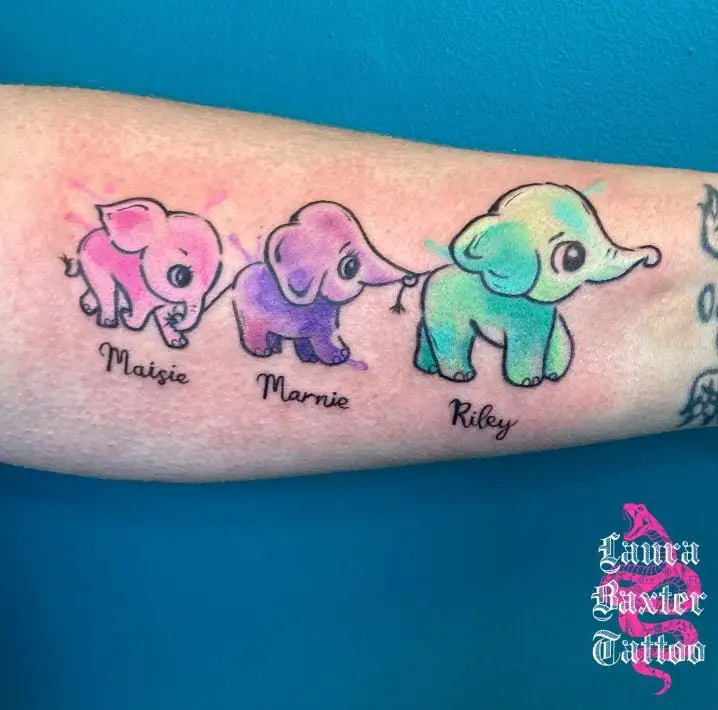 3 coloured baby elephants tattoo