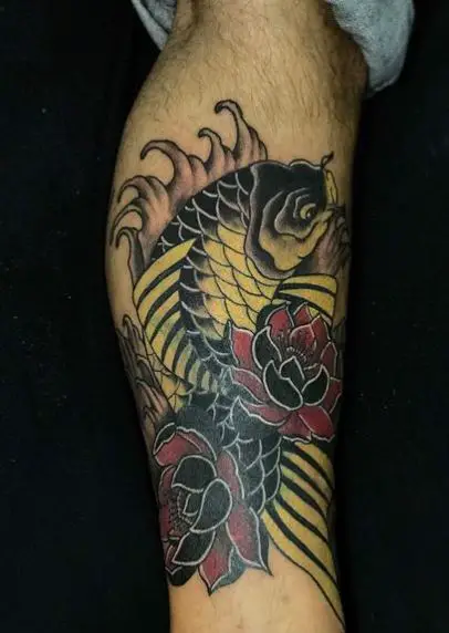 Flowers and Golden Koi Fish Leg Tattoo