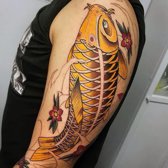 Red Flowers and Golden Koi Fish Tattoo