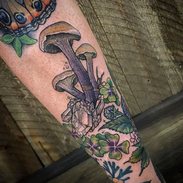 Mushrooms Rocks and Leaves - Leg Tattoo