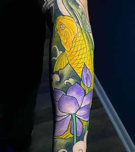 Violet Flower and Golden Koi Fish Tattoo