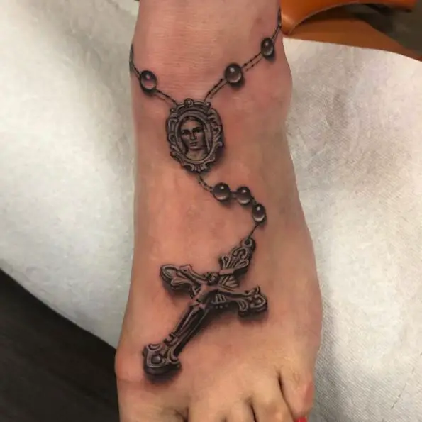Rosary Tattoo with Mother Mary on Foot