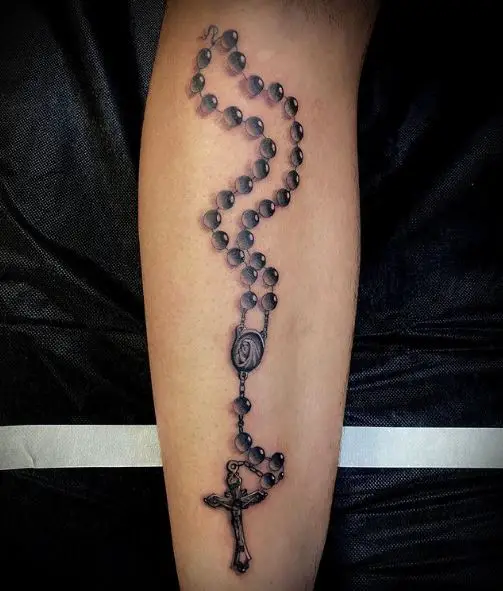 Black and Grey Rosary Leg Tattoo