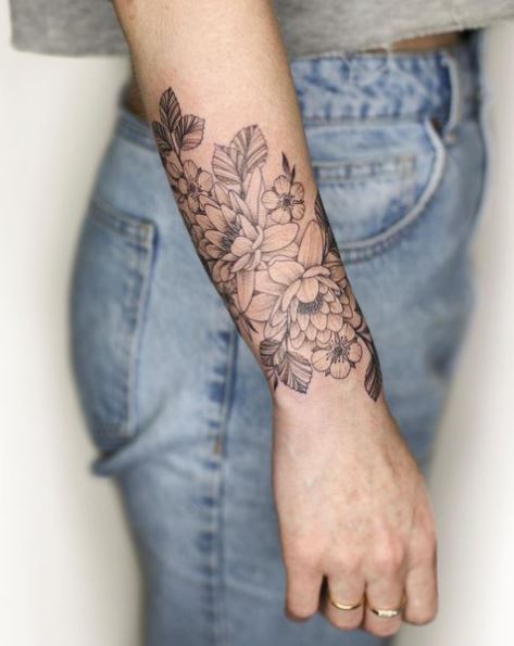 Strawberry Flowers and Water Lilies Forearm Sleeve Tattoo