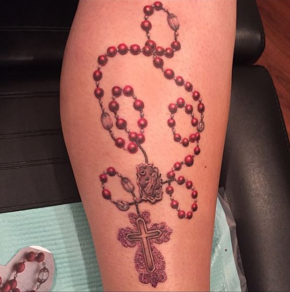 Red Rosary Leg Tattoo